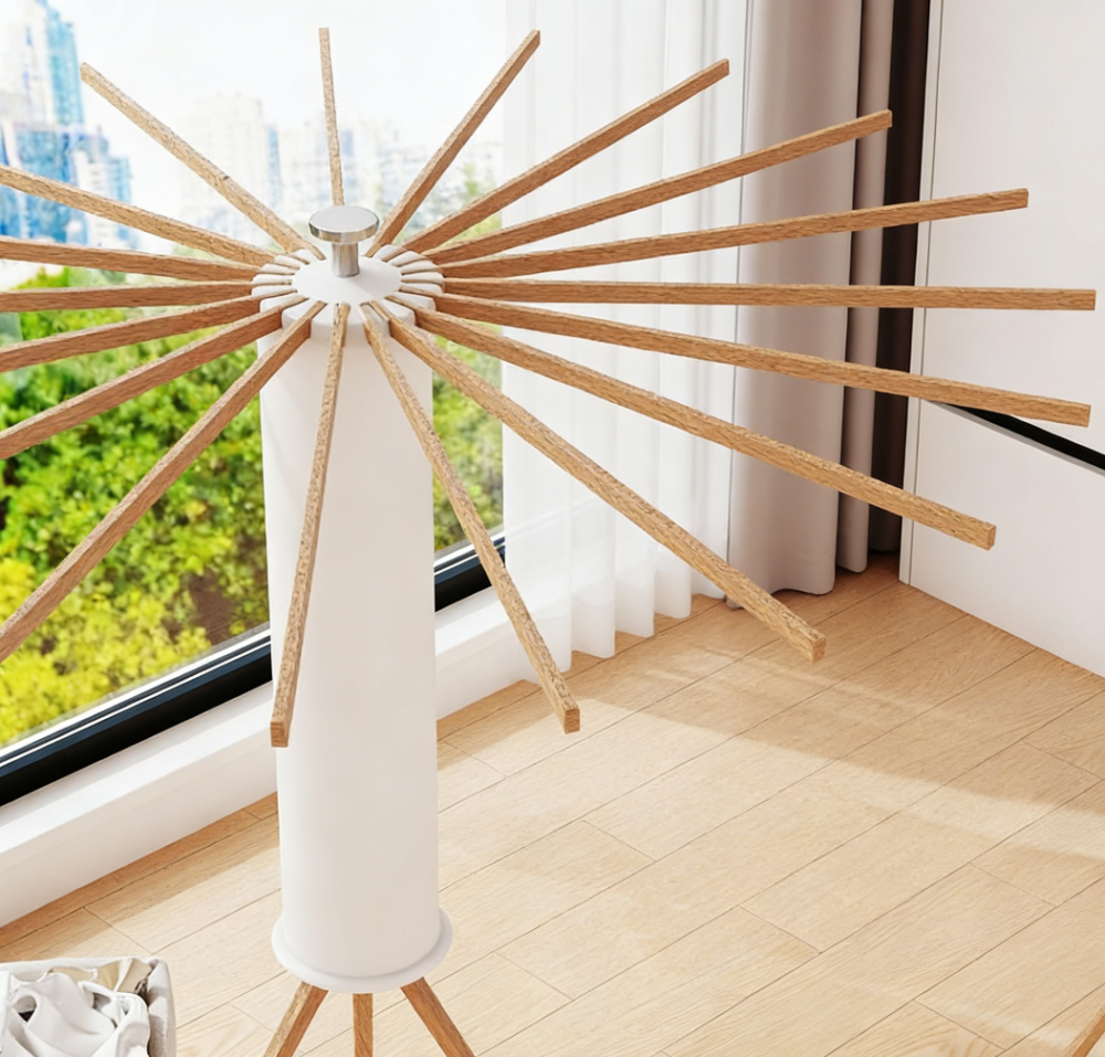Collapsible Floor Standing Tripod Clothes Drying Rack with 16 Wooden Poles (set of three) - Image 2